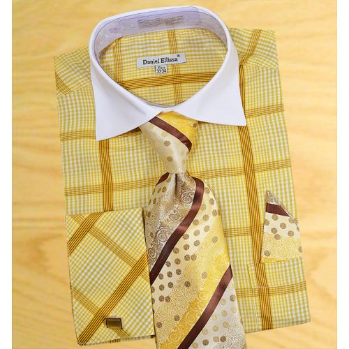 Daniel  Ellissa Gold / Brown / Olive  Windowpanes Shirt / Tie / Hanky Set With Free Cufflinks DS3766P2