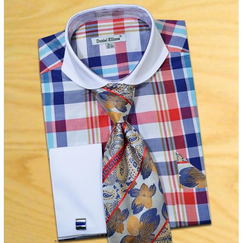 Daniel  Ellissa Navy / Red / Aqua / White Check Design Shirt / Tie / Hanky Set With Free Cufflinks DS3767P2