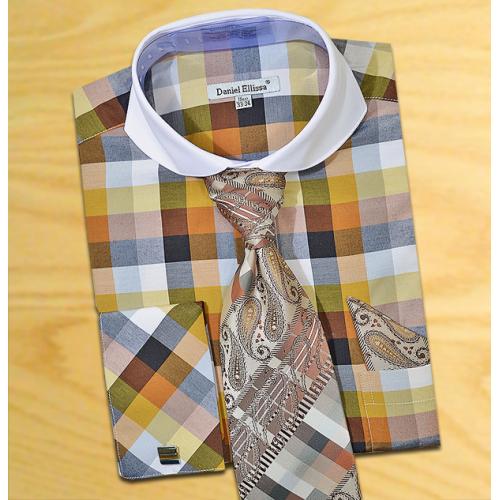 Daniel  Ellissa Brown / Olive / Grey / White Check Design Shirt / Tie / Hanky Set With Free Cufflinks DS3763P2