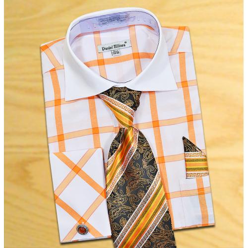 Daniel Ellissa White / Orange Windowpanes Shirt / Tie / Hanky Set With Free Cufflinks DS3768P2