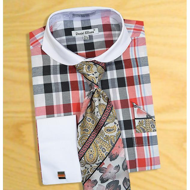 Men's Dress Shirt Tie Hanky Set Plaid Checks White/Pink Cuff Links French Cuff 