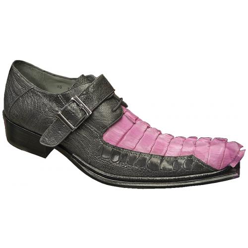 Belvedere "Ebano 3405" Charcoal Grey / Pastel Pink Ostrich / Hornback Crocodile With Tail Monk Strap Shoes.