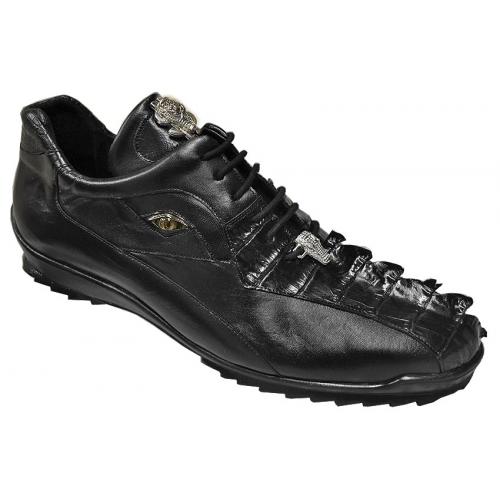 Los Altos Black Genuine Crocodile Tail / Leather Sneakers With Eyes 1ZC090105