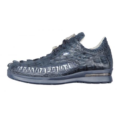 Fennix Navy Blue All Over Genuine Cryst Hornback Crocodile Sneakers With Eyes And Teeth 3449.