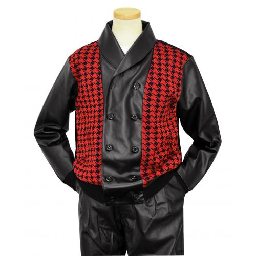 Bagazio Black / Red Houndstooth PU Leather / Knitted Double Breasted Jacket Sweater 2 PC Outfit BM1561