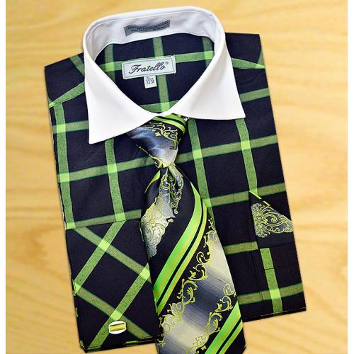 Fratello Black / Apple Green Windowpanes Shirt / Tie / Hanky Set With Free Cufflinks FRV4123P2