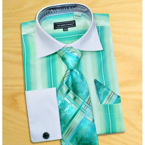 Avanti Uomo Bluish-Green / White Pinstripes Design Shirt / Tie / Hanky Set With Free Cufflinks DN59M