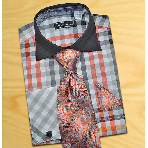 Avanti Uomo Black / Grey / Red Check Design Shirt / Tie / Hanky Set With Free Cufflinks DN60M