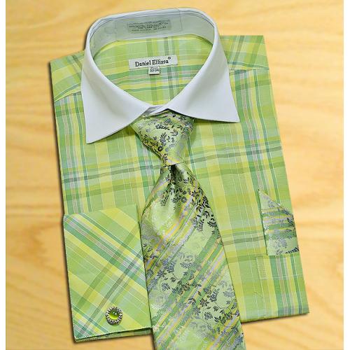 Daniel Ellissa Lime Green / White Check Design Shirt / Tie / Hanky Set With Free Cufflinks DS3772P2