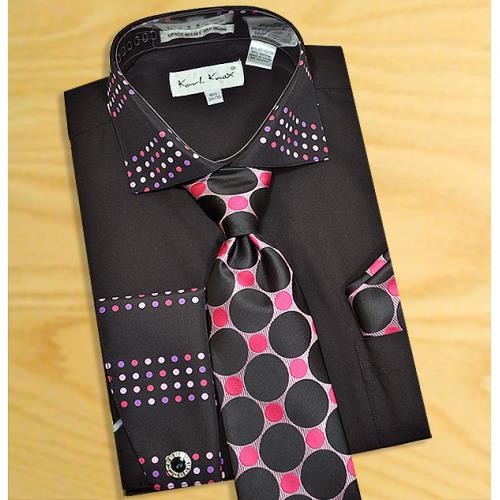 Karl Knox Black / Fuchsia Polka Dots Design Shirt / Tie / Hanky Set With Free Cufflinks DOT-5