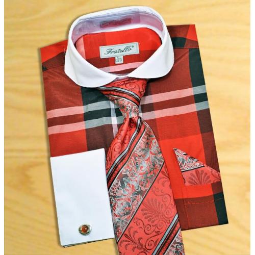 Fratello Red / Black Large Checks Design Shirt / Tie / Hanky Set With Free Cufflinks FRV4125P2