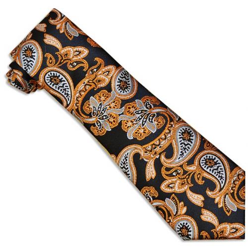 Verse 9 Collection Navy Blue / Orange Paisley Design 100% Woven Silk Necktie/Hanky Set V908