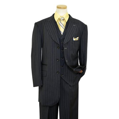Solo 360 Collection Charcoal Multi / Navy Blue With Tan / White Pinstripes Design Super 160's Wool 3 Piece Fashion Full Cut Wide Leg Suit S218