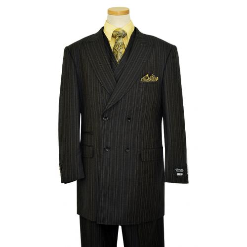 Solo 360 Collection Navy With Gold / Red Pinstripes Design Super 160's Wool 3 Piece Fashion Full Cut Wide Leg Suit S219