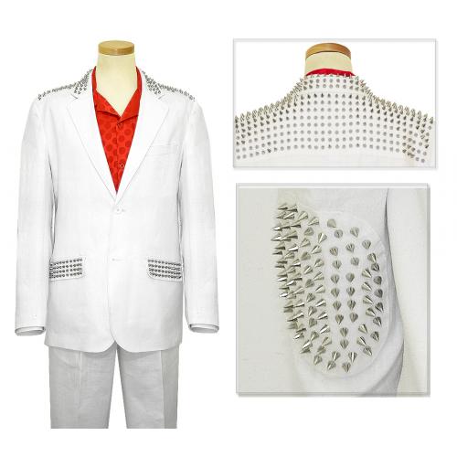 Prestige Solid White 100% Linen Casual Suit With Silver Metal Studs CPT-504