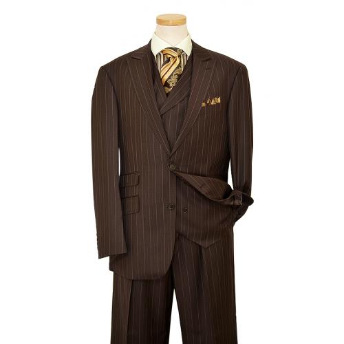Extrema Brown Dotted Pinstripe 120's Wool Vested Suit SI10307