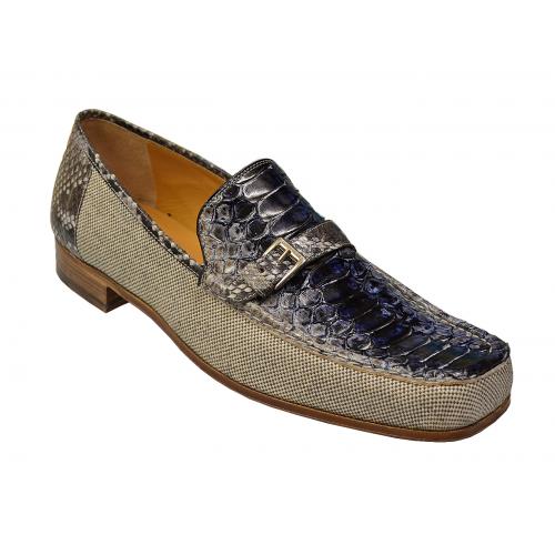 Mauri "CA' D'Oro" 3942 Blue / Brown Genuine Python Hand-Painted Linen Shoes