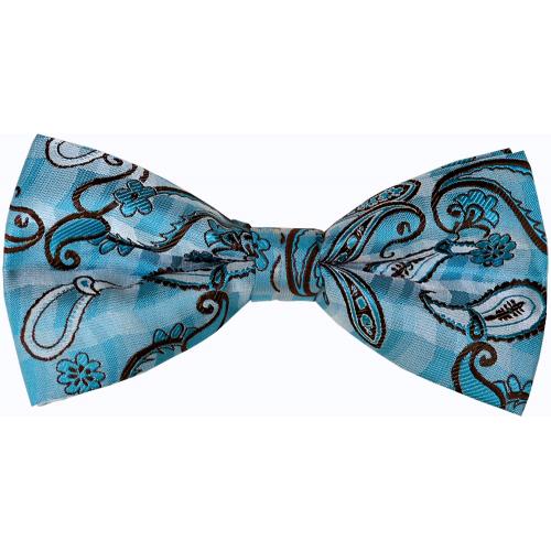 Classico Italiano Turquoise Blue / Brown Paisley Design 100% Silk Bow Tie / Hanky Set BT048