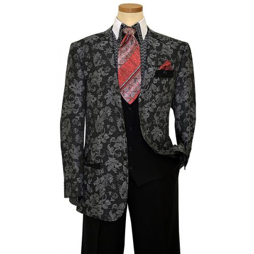 Tayion By Montee Holland Charcoal Grey With Black Hand-Pick Stitching Paisley Design Vested Wool Suit 031