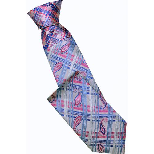 Hi-Density By Steven Land SL154 Pink / Royal Blue / White Plaid Paisley Design 100% Woven Silk Necktie / Hanky Set
