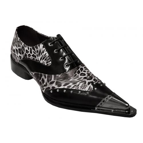 Zota Black / White Leopard Print Genuine Leather Shoes With Metal Toe G908-34