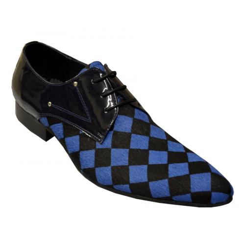Zota Blue / Black / Navy Genuine Leather Checkers Design Pony Hair Shoes HX750-307