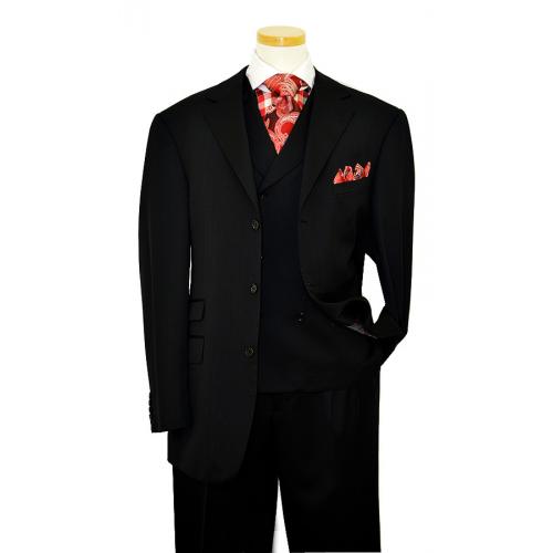 Extrema Black With Black Shadow Pinstripes 140's Wool Vested Suit HA00111