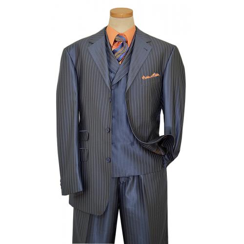 Extrema Glossy Blue With Shadow Blue Pinstripes Super 120's Wool Vested Suit XW20010