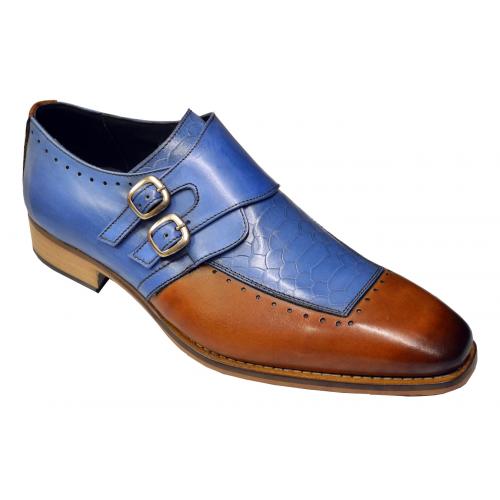 Duca Di Matiste 1409 Sky Blue / Cognac Hand Painted Genuine Italian Calfskin Leather Python Design Shoes