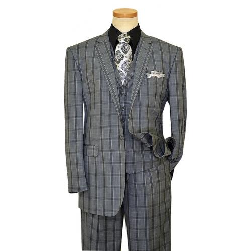 Statement Confidence Grey / Black Windowpane Design Super 150's Wool Vested Suit TZ-605