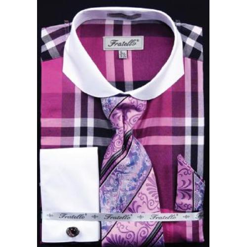 Fratello Lavender Large Checker Two Tone Design Shirt / Tie / Hanky Set With Free Cufflinks FRV4125P2.