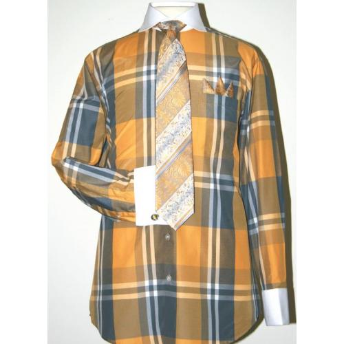 Fratello Mustard Large Checker Two Tone Design Shirt / Tie / Hanky Set With Free Cufflinks FRV4125P2.