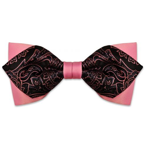 Classico Italiano Pink / Black Paisley Double Layered Design 100% Silk Bow Tie / Hanky Set BT081