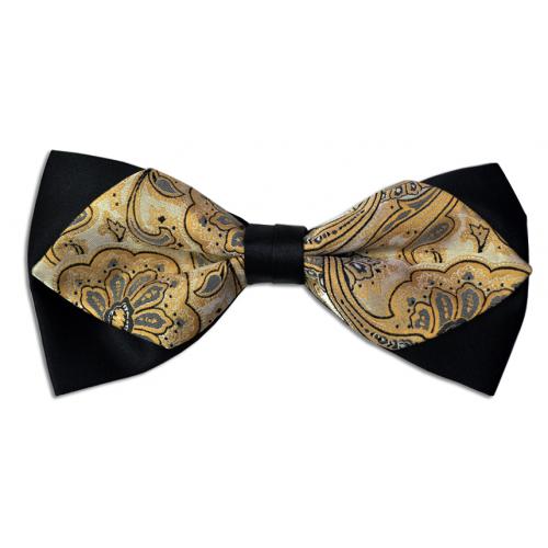 Classico Italiano Black  / Gold / Cream Paisley Double Layered Design 100% Silk Bow Tie / Hanky Set BT083