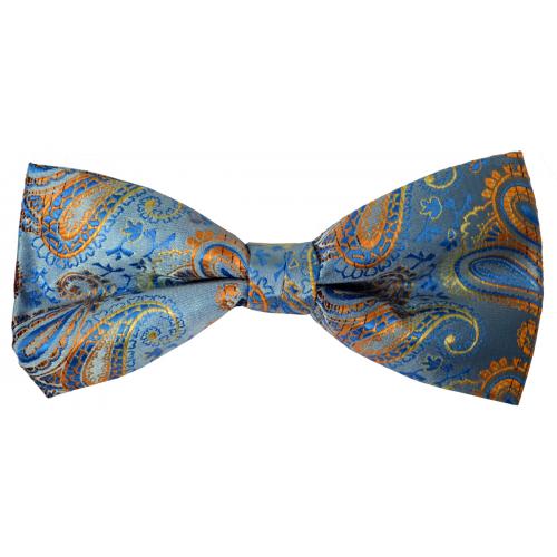 Classico Italiano Royal Blue / Sky Blue / Orange / Yellow Paisley Design 100% Silk Bow Tie / Hanky Set BH2158
