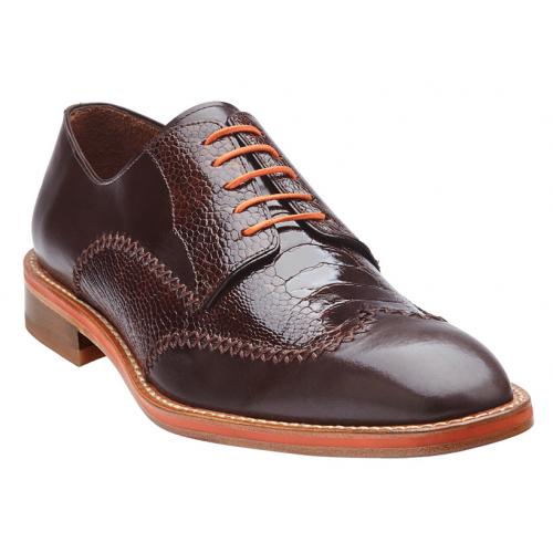 Belvedere "Borgo" Brown Genuine Ostrich And Italian Calfskin Leather Oxford Shoes D86
