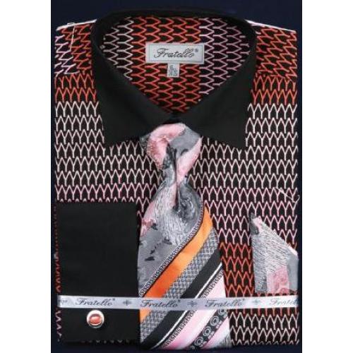 Fratello Black / Orange / Red  Weave Design 100% Cotton Shirt / Tie / Hanky Set With Free Cufflinks FRV4127P2.