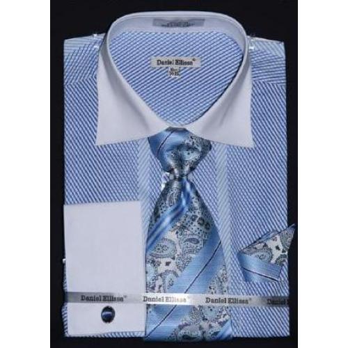 Daniel Ellissa Light Blue Two Tone Stripes Design Shirt / Tie / Hanky Set With Free Cufflinks DS3770P2