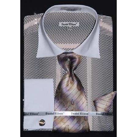 Daniel Ellissa Beige Two Tone Stripes Design Shirt / Tie / Hanky Set ...