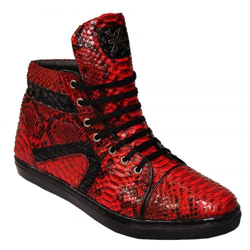 David X "Motta" Red / Black All-Over Genuine Python Snake Skin High Top Sneakers