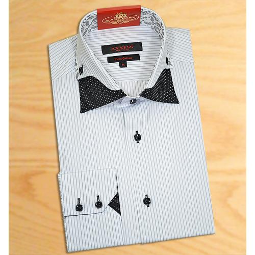 Axxess White With Black Handpick Stitching 100% Cotton Dress Shirt With Double Collar 04-810