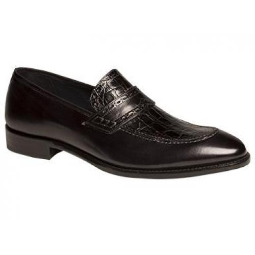 Mezlan "Ciardi" Black Genuine Crocodile/Hand-Burnished Calfskin Exotic Penny Loafer Shoes