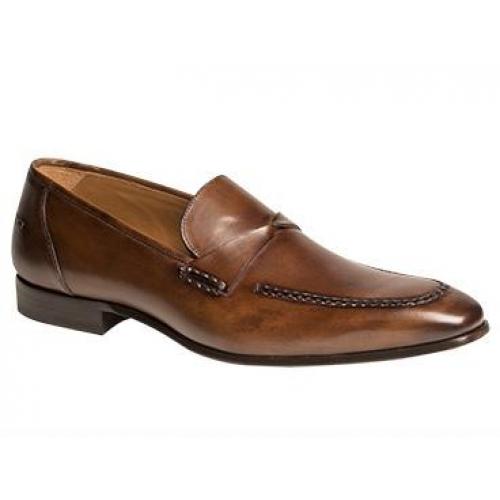 Mezlan "Eugenio" Cognac Hand-Antiqued Calfskin Cross-Saddle Penny Loafer Shoes