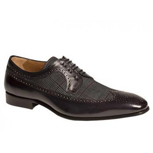 Mezlan "Johann" Black / Grey Genuine Hand-Burnished Calfskin / Printed Suede Wingtip Oxford Shoes 5714