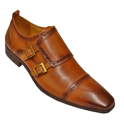 Carrucci Cognac Loafer Shoes With Double Buckel KS2019-15