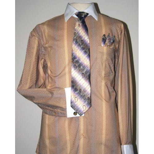 Daniel Ellissa Mustard Two Tone Stripes Design Shirt / Tie / Hanky Set With Free Cufflinks DS3770P2.