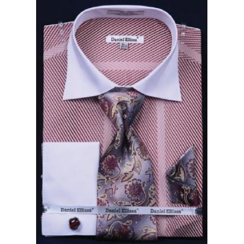 Daniel Ellissa Pink Two Tone Stripes Design Shirt / Tie / Hanky Set With Free Cufflinks DS3770P2.