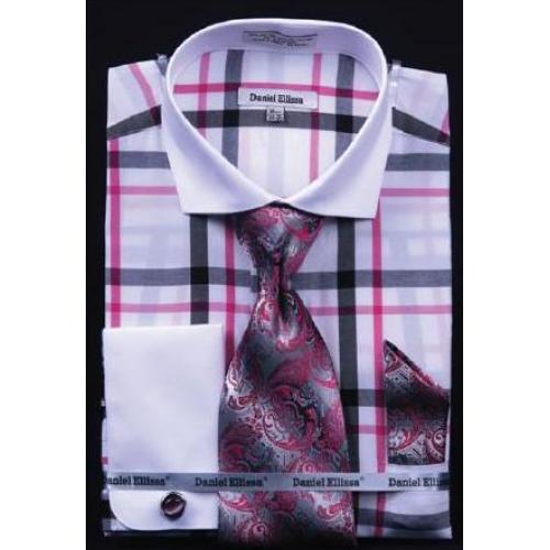 Daniel Ellissa White / Fuchsia Windowpanes Shirt / Tie / Hanky Set With Free Cufflinks DS3771P2