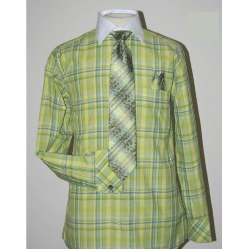 Daniel Ellissa Green / Lime / Apple Checker Pattern Shirt / Tie / Hanky Set With Free Cufflinks DS3772P2