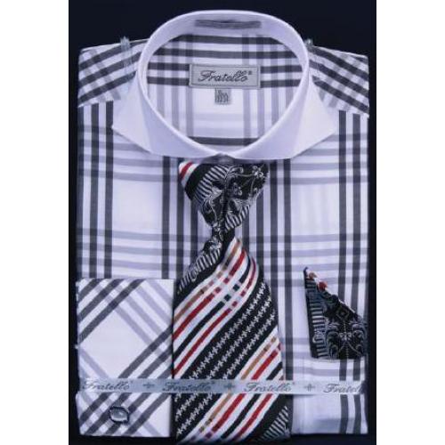 Fratello White / Black Checker Pattern Two Tone Shirt / Tie / Hanky Set With Free Cufflinks FRV4118P2